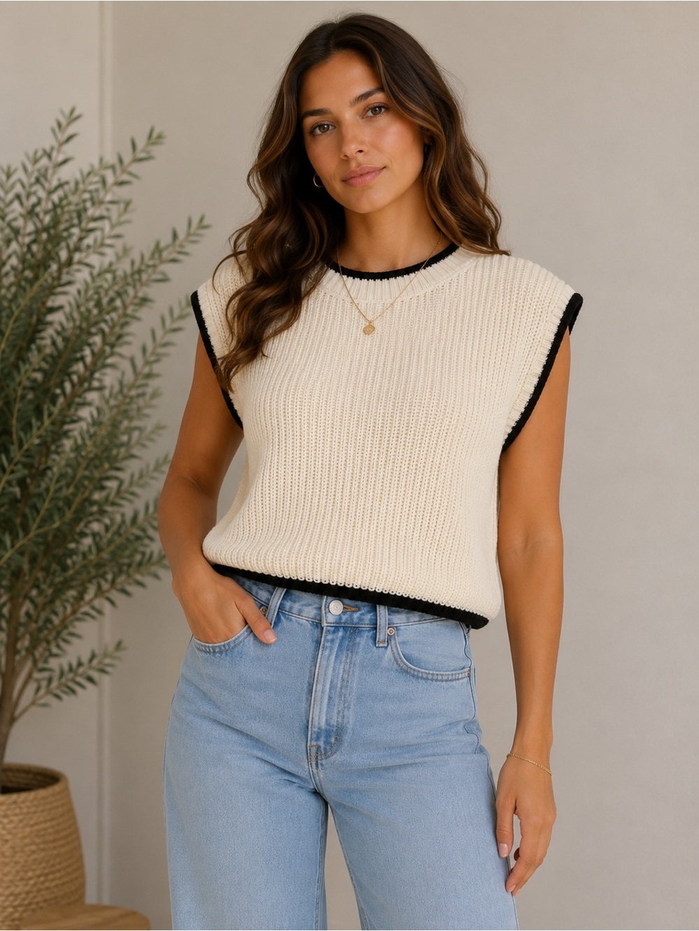 Day + Moon Cream Contrast Trim Knit Sweater Vest Size Large